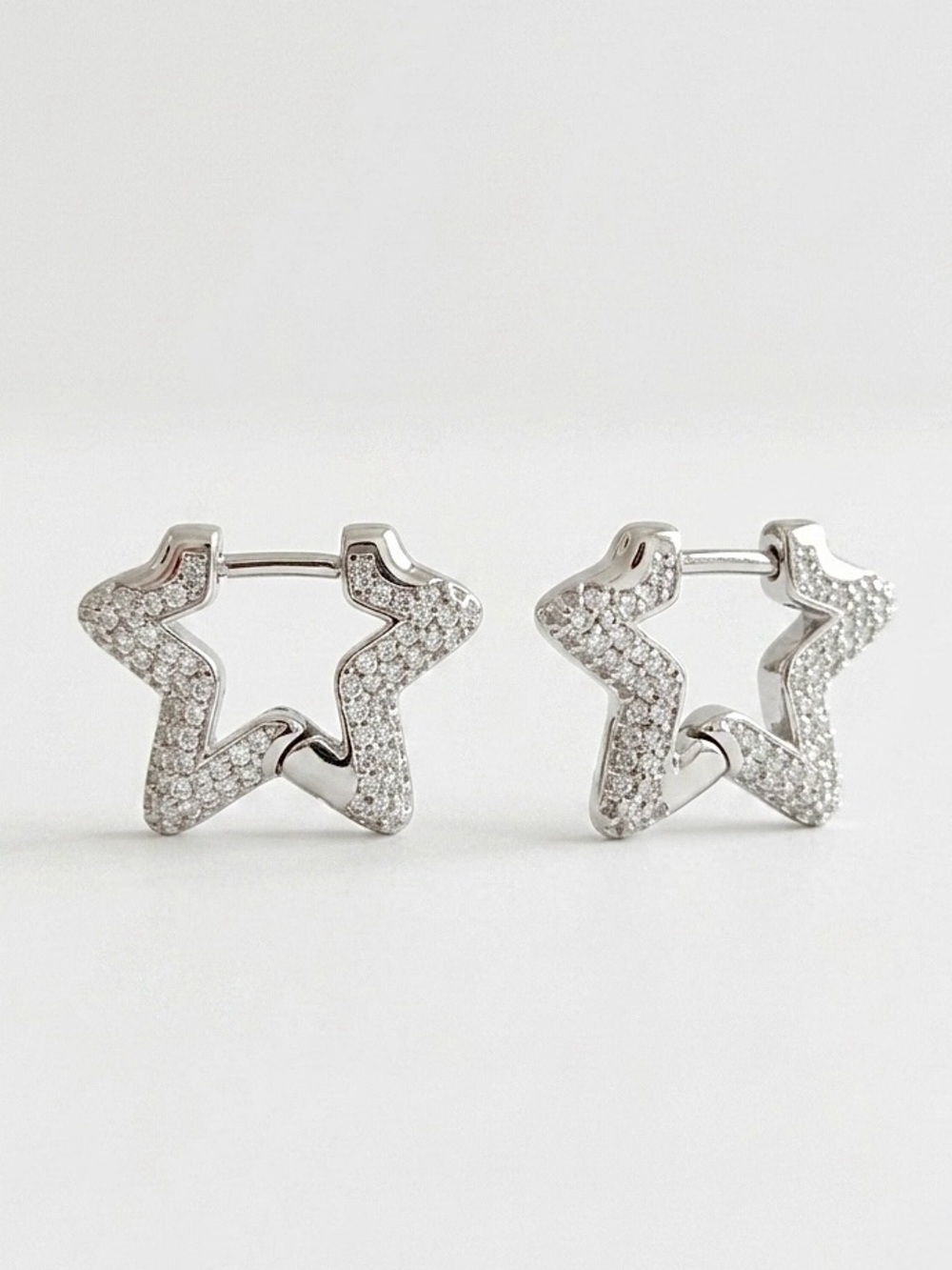 Platinum Plated Silver Tone Star Pavé Hoop Earrings | Celestial Dainty Jewelry